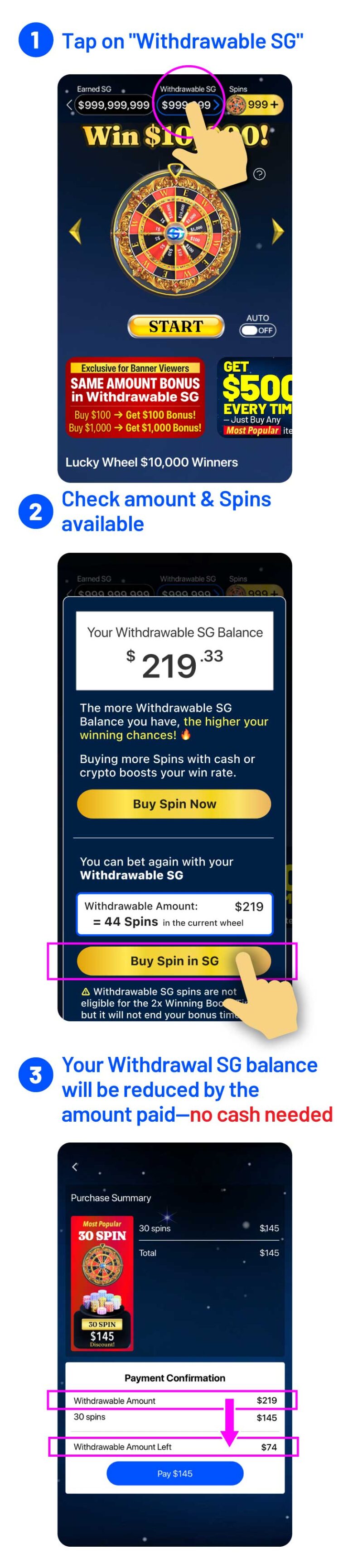 usewithdrawable SG to buy spin 250903