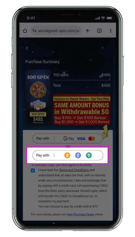 purchase screen Spin 10 Cashback Campaign